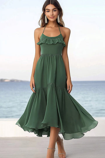 Eucalyptus Chiffon Halter A Line Boho Maxi Dress with Ruffles